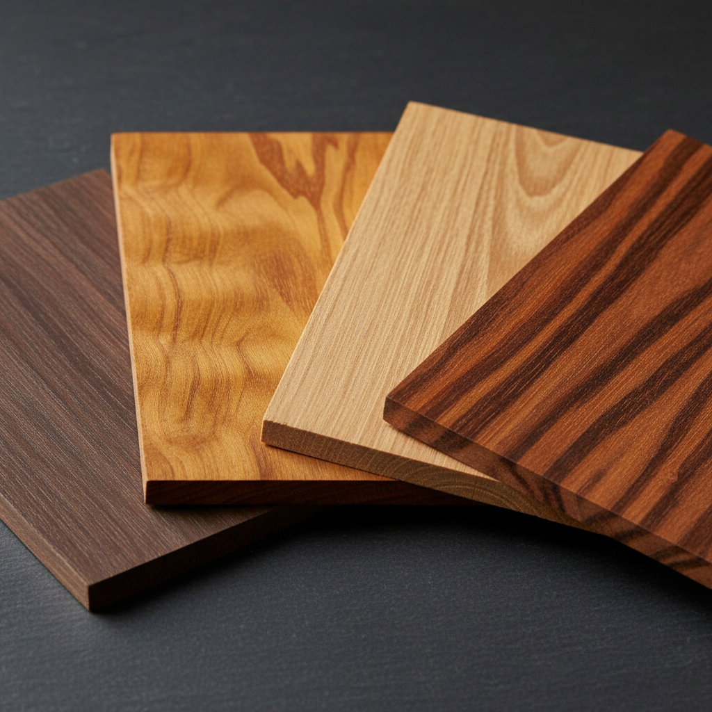 Exotic tropical hardwood species samples showing rich colors and grain patterns
