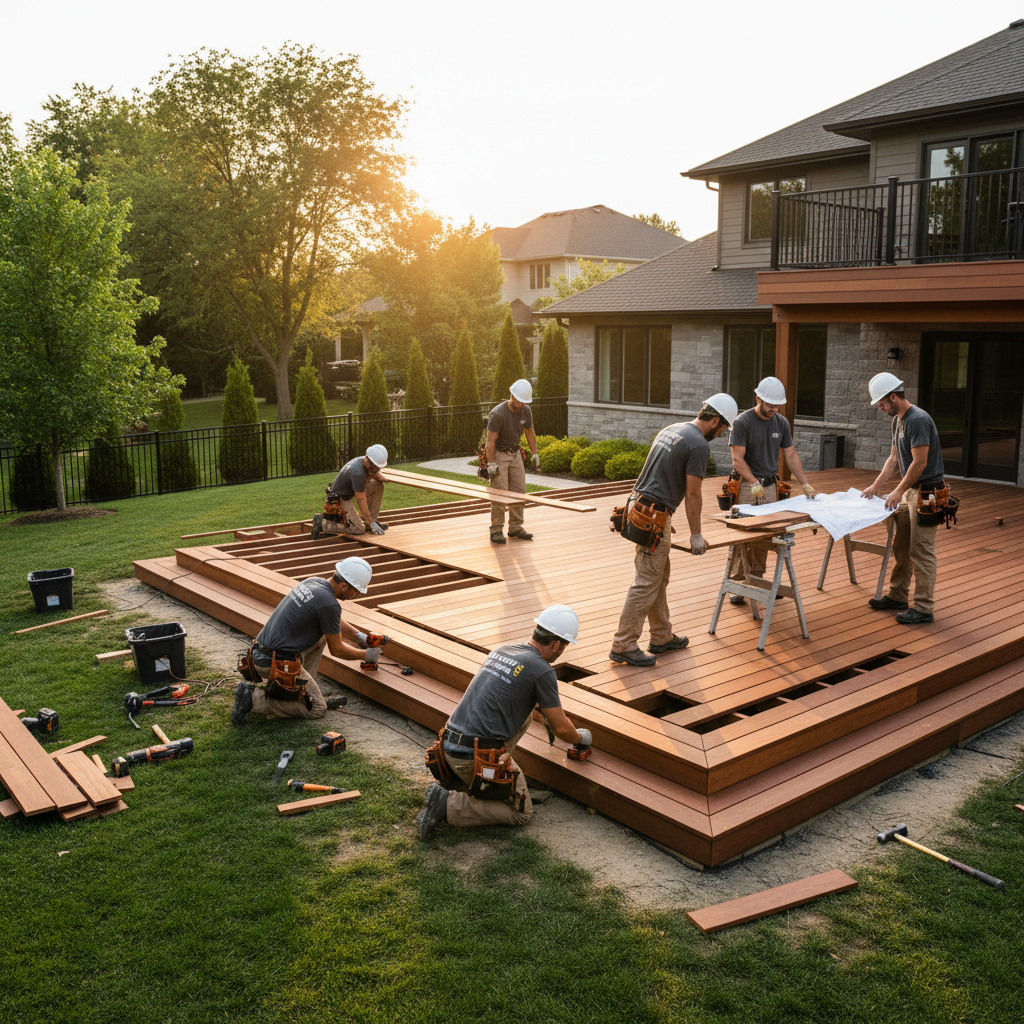Team of certified exterior hardwood contractors working on a professional installation