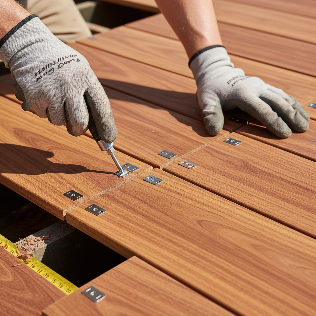 Exterior hardwood contractor installing premium tropical hardwood deck — EHCI certified professional