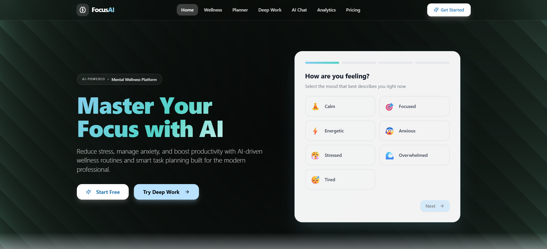 FocusAI — AI Mental Wellness & Productivity template preview