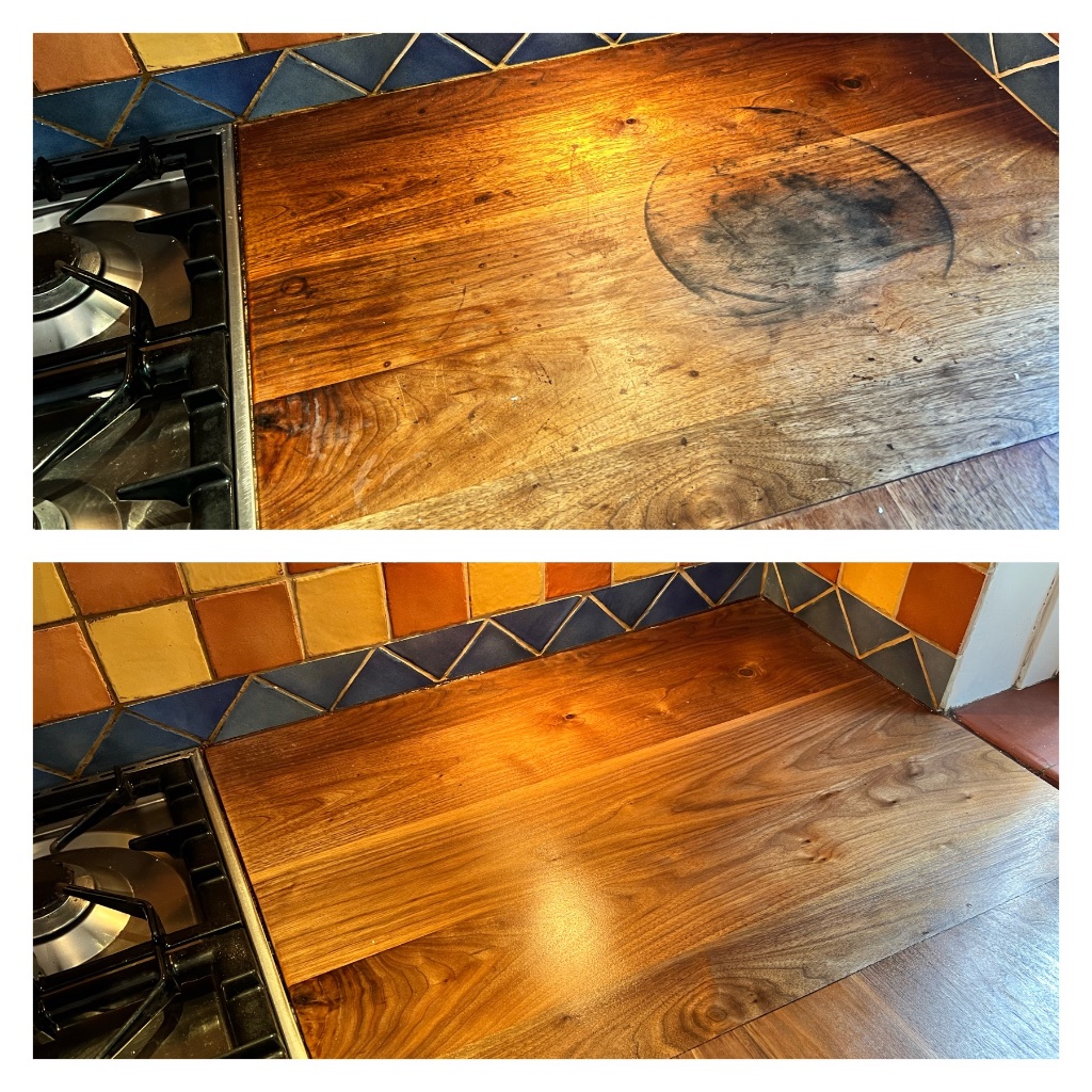 Wooden worktop burn mark and heat damage restoration - before and after