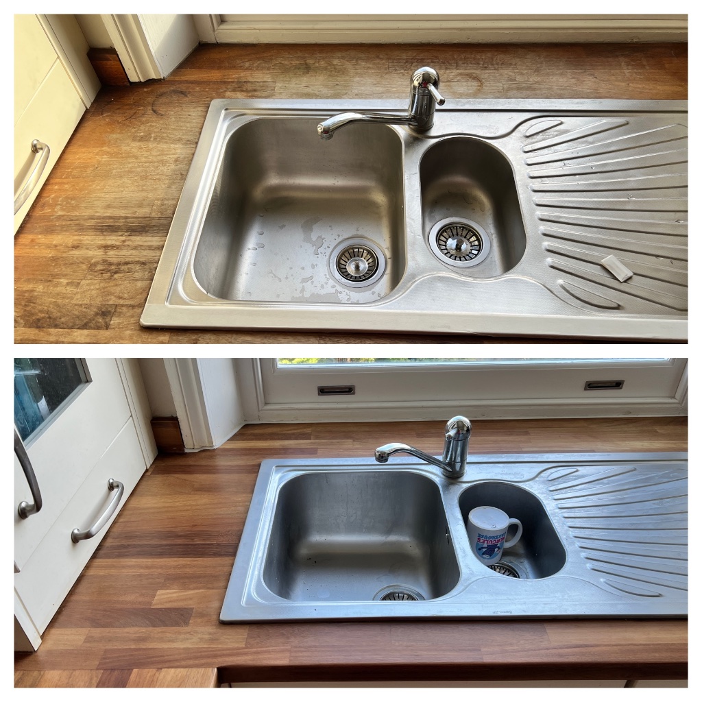 Wooden worktop water damage and stain removal - sink area before and after