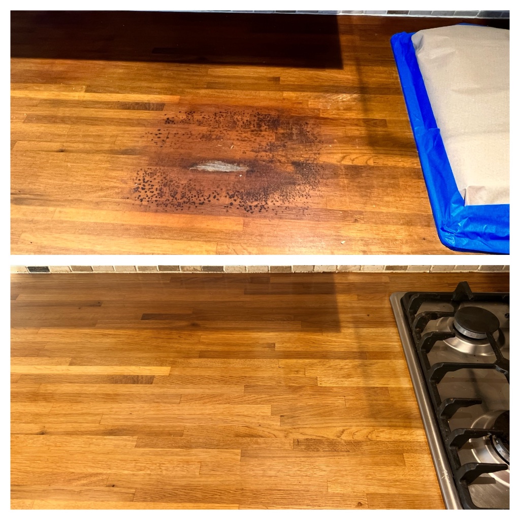 Kitchen worktop water damage repair and refinishing - before and after