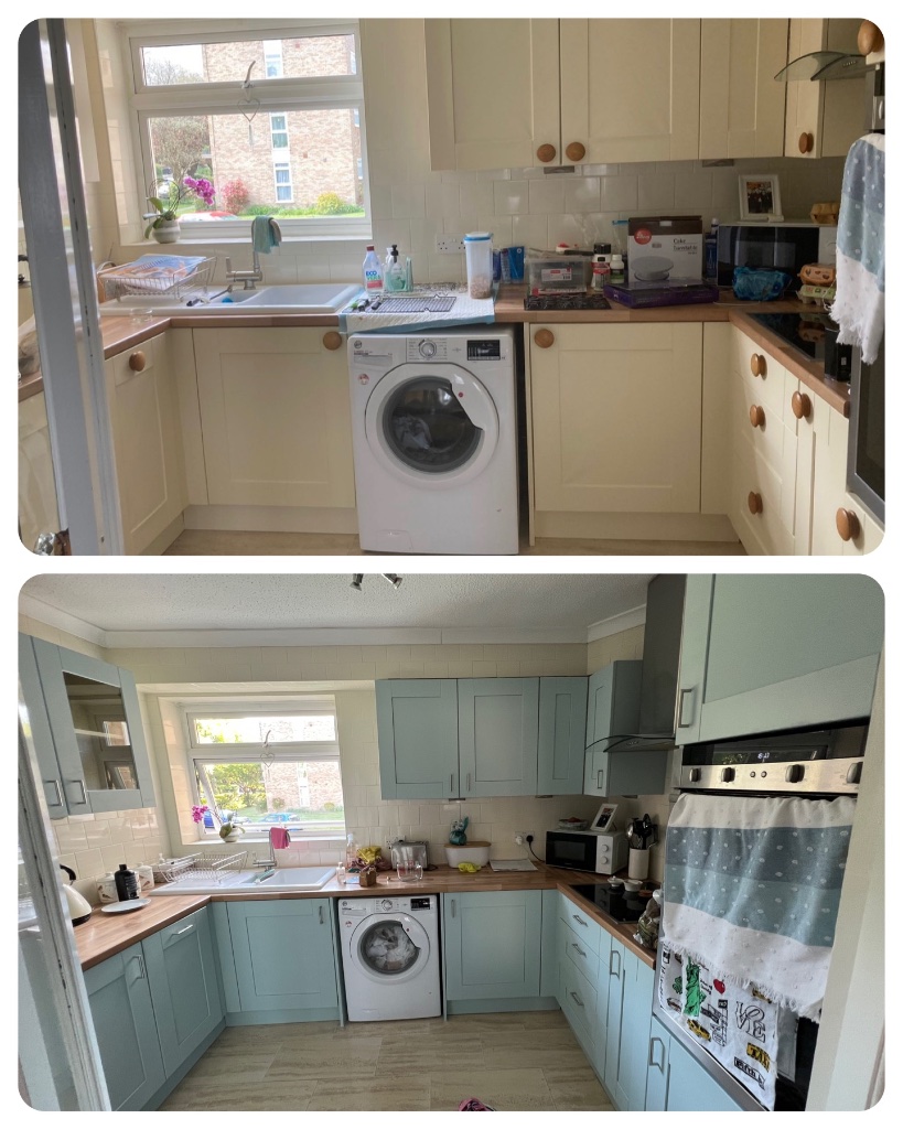 Kitchen cupboard spraying before and after - cream painted cabinets renovation