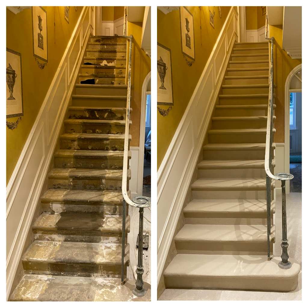 Wooden stairs restoration cleaned and refinished - before and after