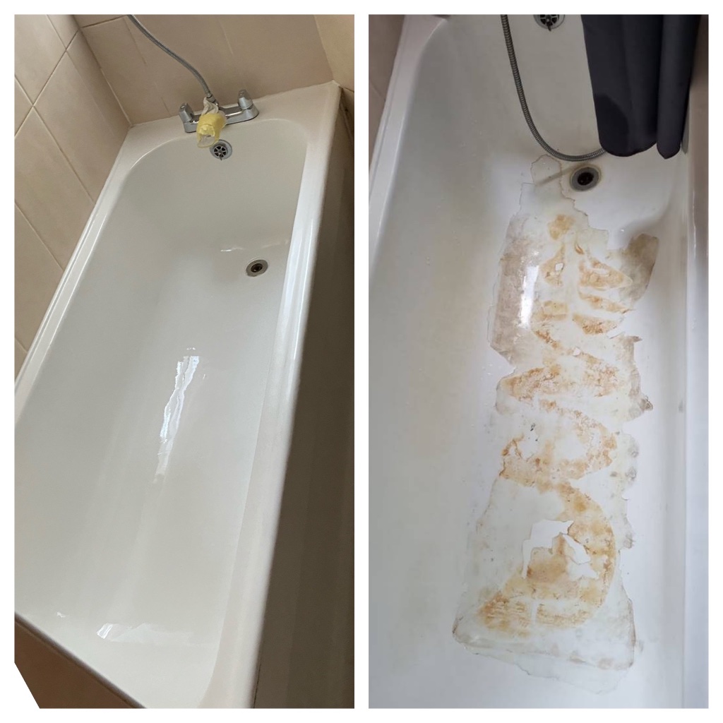Bath and shower tray repairs showing damaged surface restored - before and after