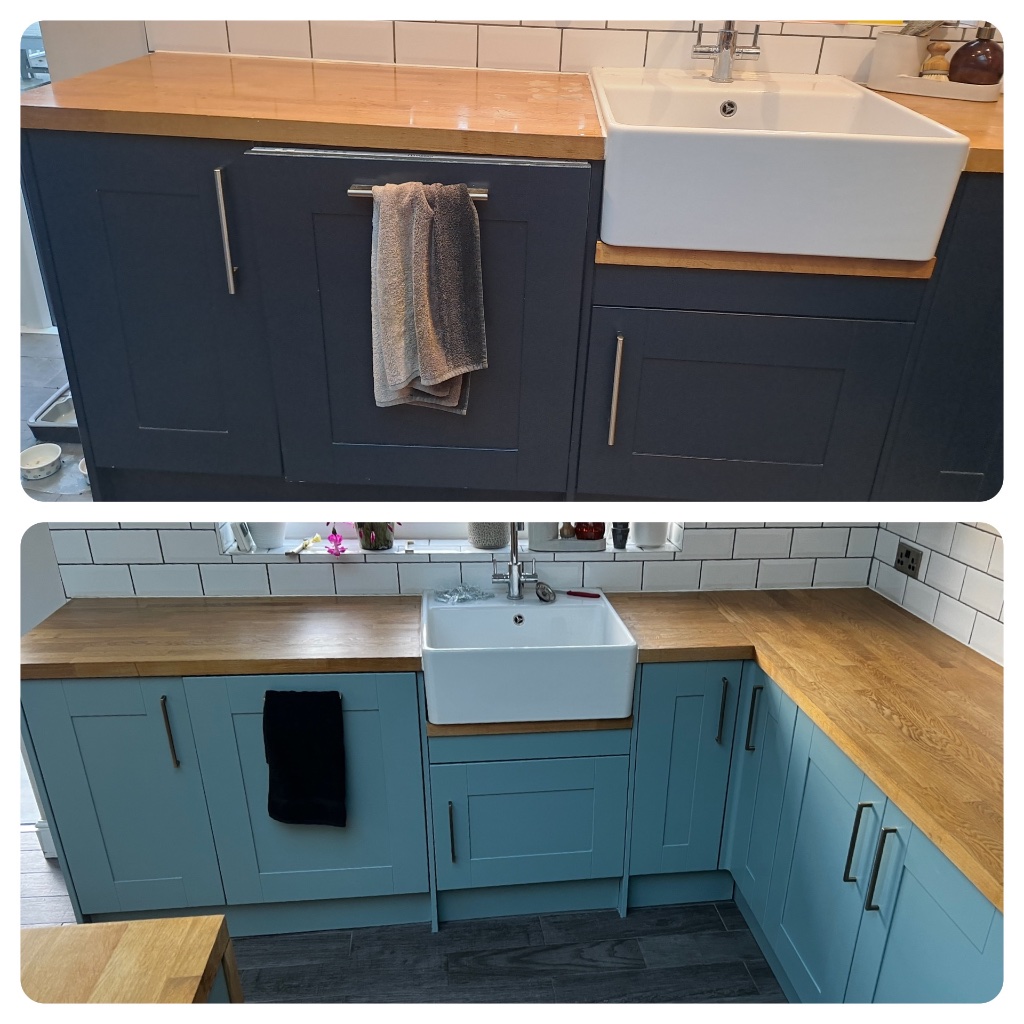 Kitchen cupboard spraying dark navy blue cabinets transformation - before and after