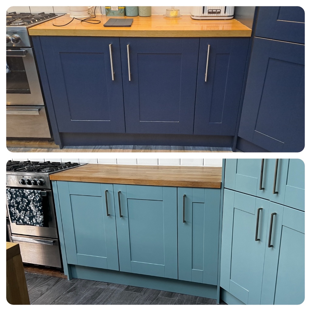 Kitchen cupboard spray painting teal blue cabinets with wooden worktops - before and after