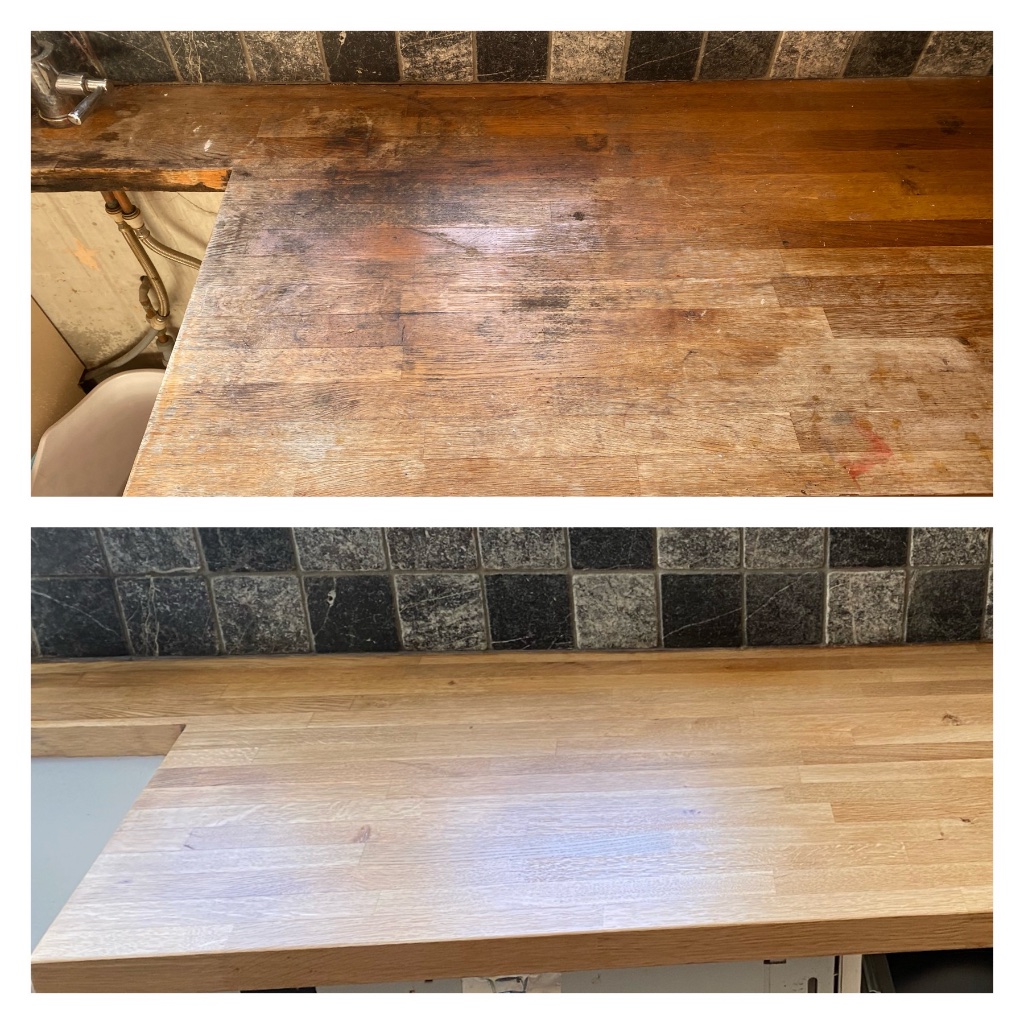 Wooden worktop stain damage and refinishing restoration - before and after