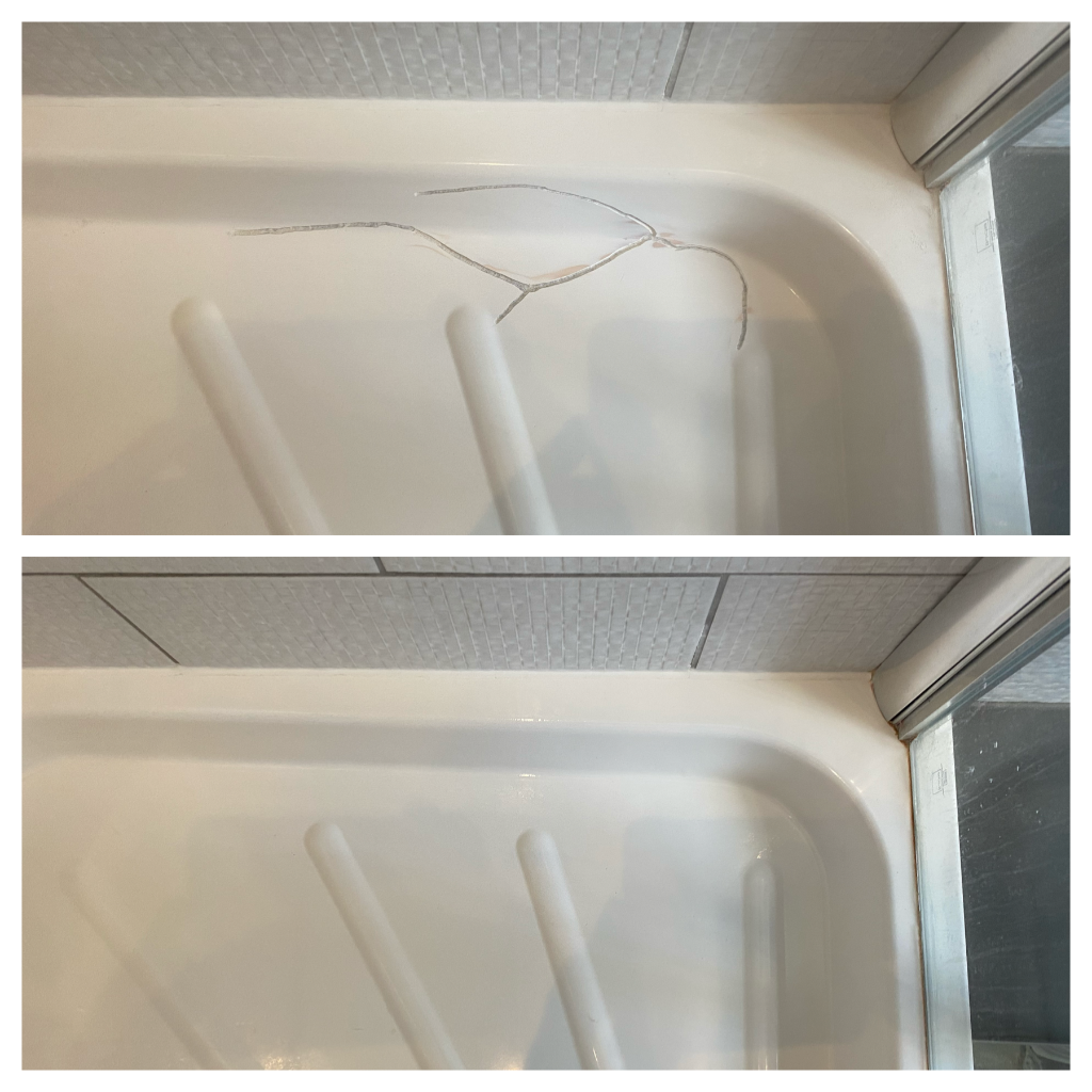 Shower tray crack repair - before and after restoration