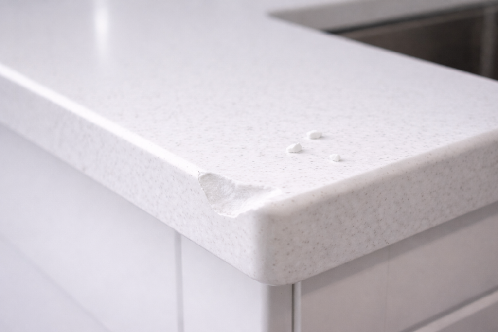 Damaged Corian worktop edge showing chip requiring professional repair