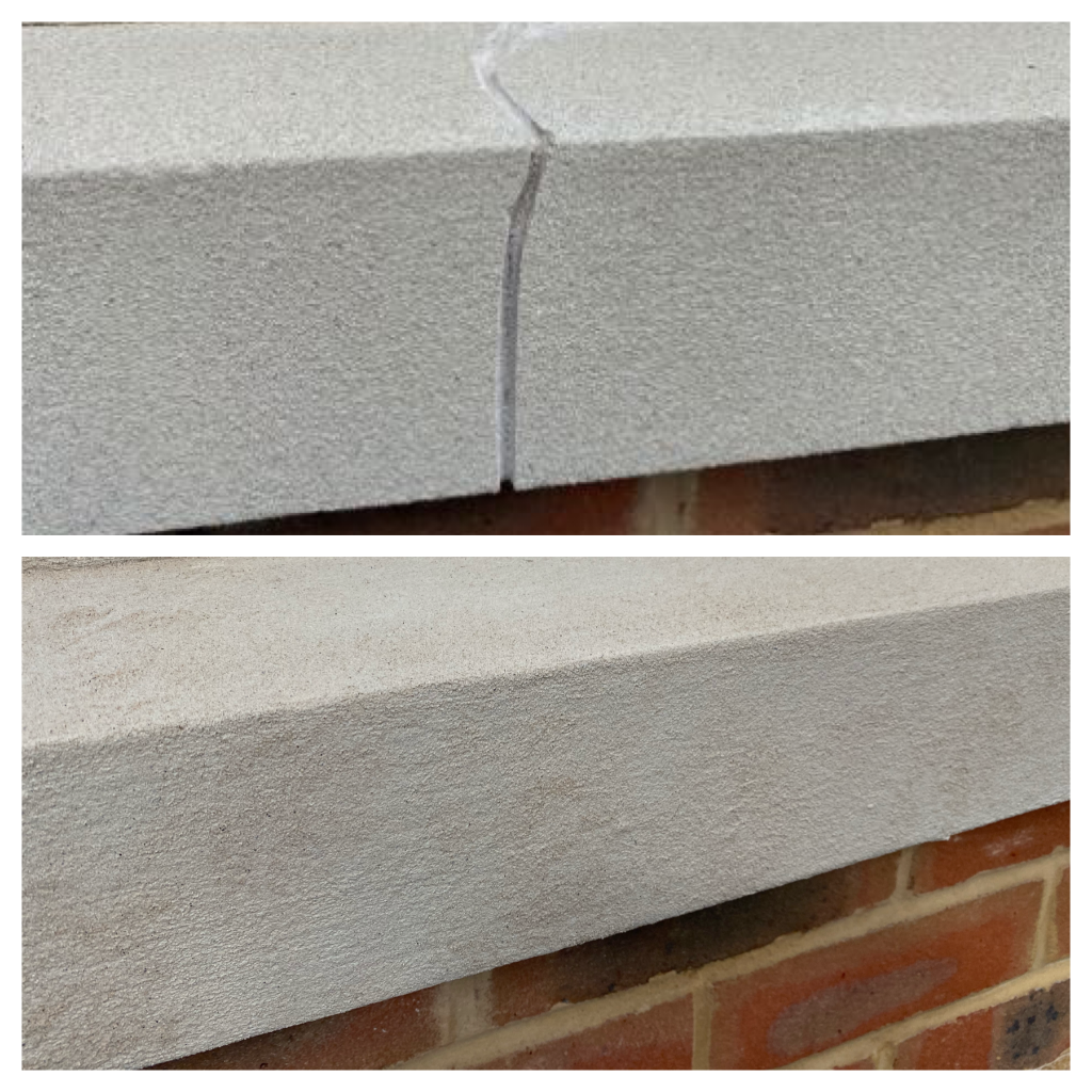 Concrete step with crack damage repaired - before and after