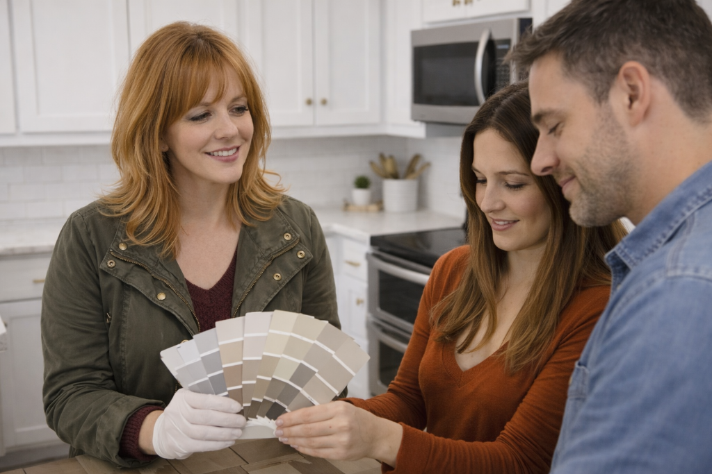 Surface Repair Group specialist helping a couple choose paint colours for their kitchen cupboards
