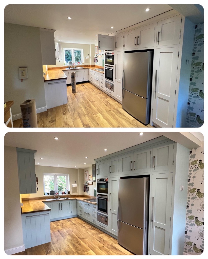 Kitchen cupboard spraying transformation - white painted cabinets before and after with wooden worktops