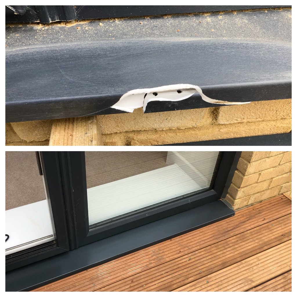 Anthracite grey aluminium window frame damage repaired - before and after