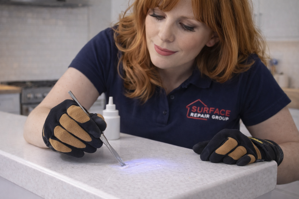 Surface Repair Group technician repairing a chipped quartz worktop with specialist UV repair tools