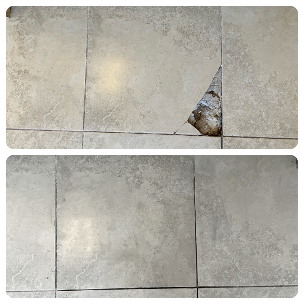 Tile before and after professional repair showing perfect finish