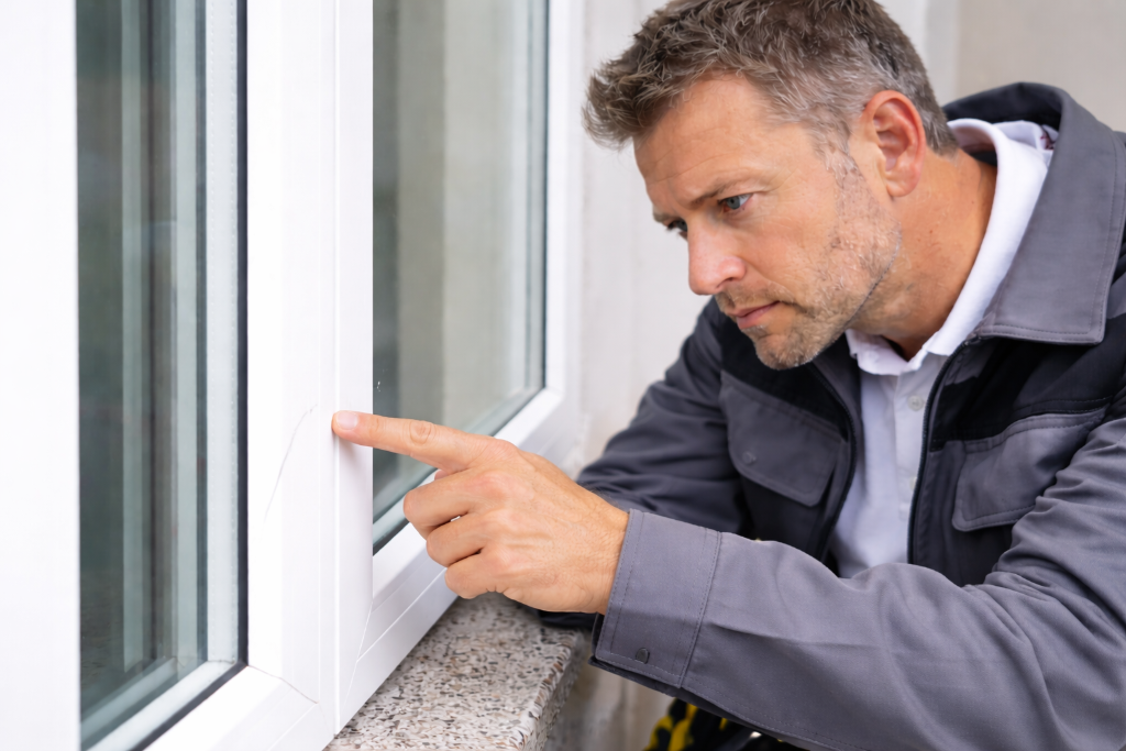 Technician inspecting UPVC window frame for repairs