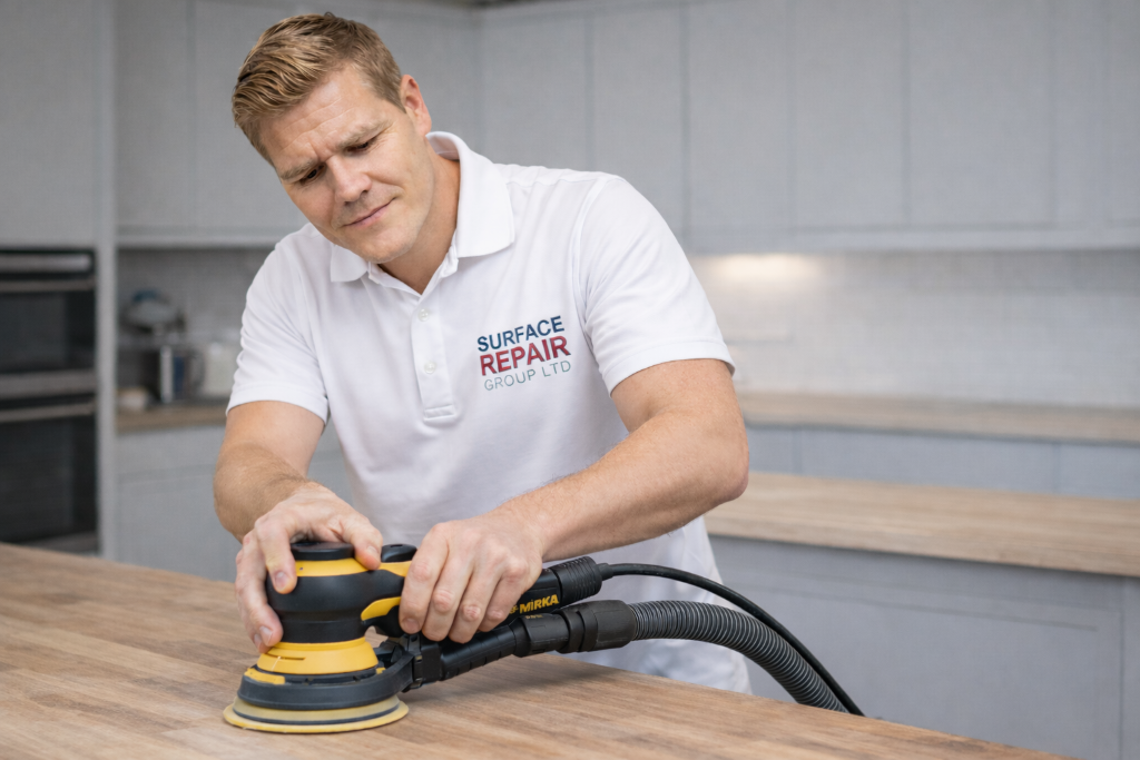 Wooden worktop being sanded and refinished – professional worktop restoration and oiling service
