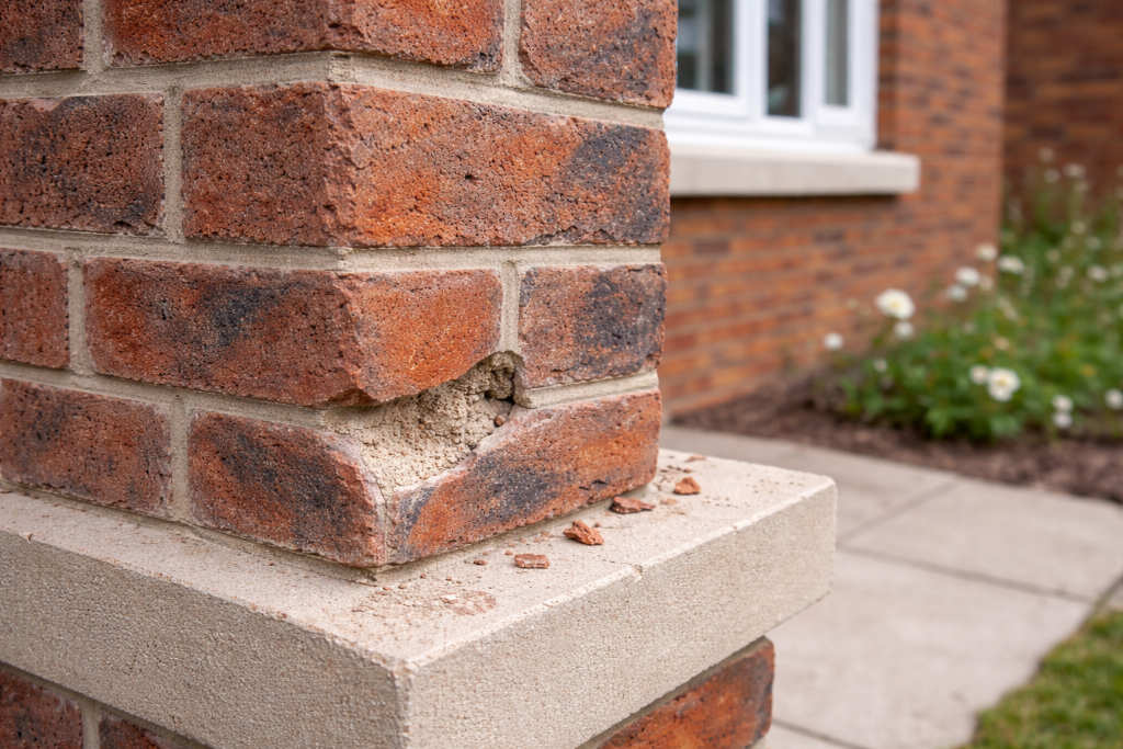 Damaged brick corner showing spalling and chips requiring repair