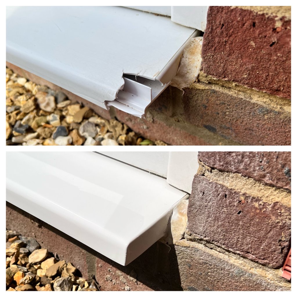 White UPVC window sill chip damage repaired - before and after