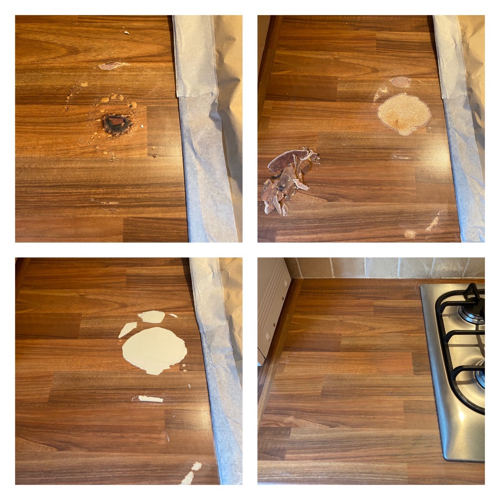 Wooden flooring burn damage and impact damage repairs - before and after restoration