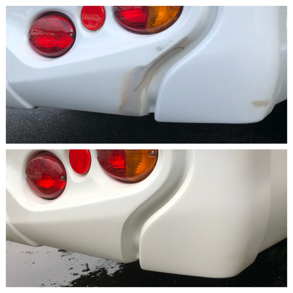 Caravan rear panel before and after repair