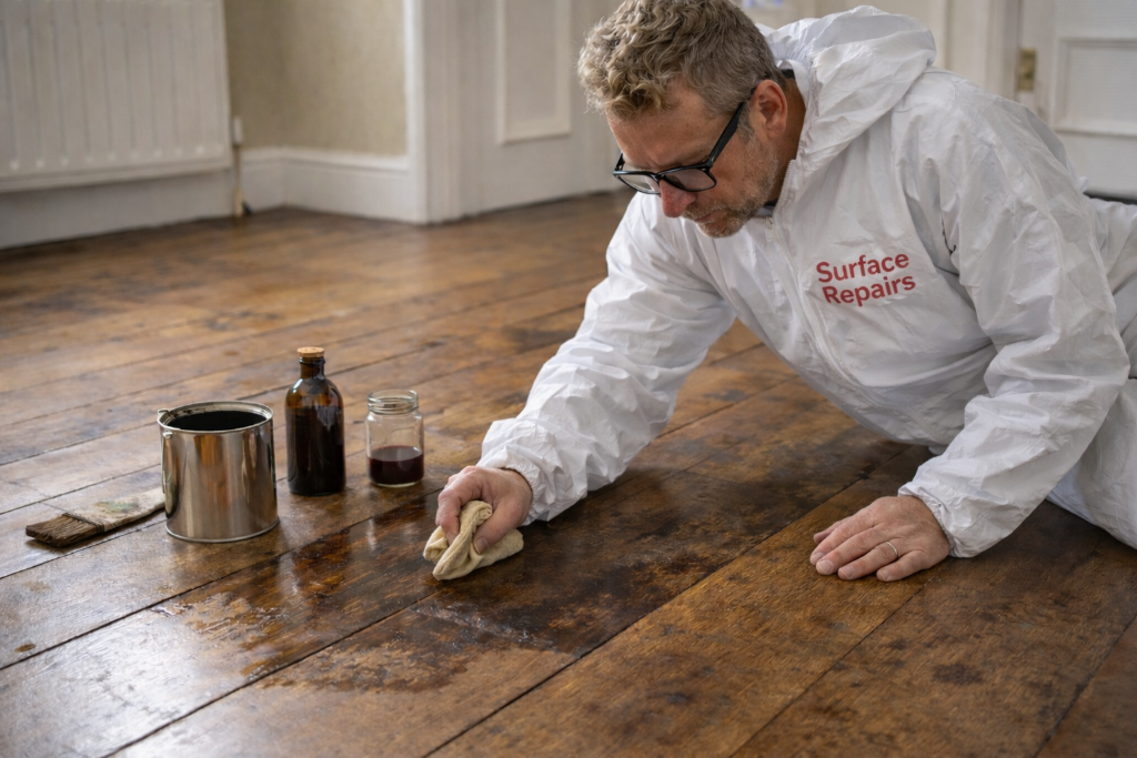 Expert Engineered Wood Floor Repair - Surface Repair Group Ltd Surface Repair Group technician restoring engineered wood flooring with professional treatment