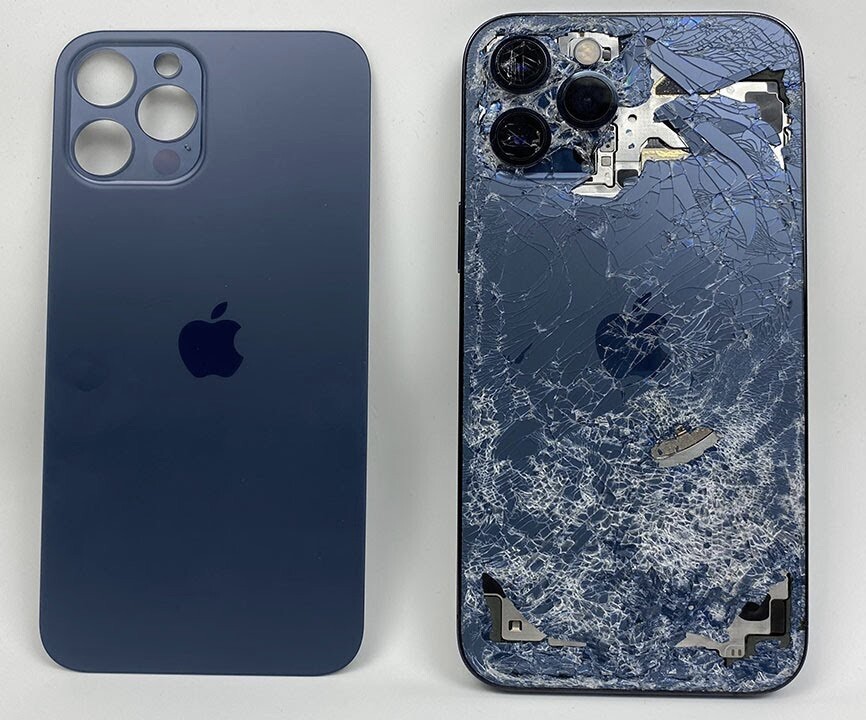 iPhone back glass before and after repair — cracked vs like new at RepairRama Bronx