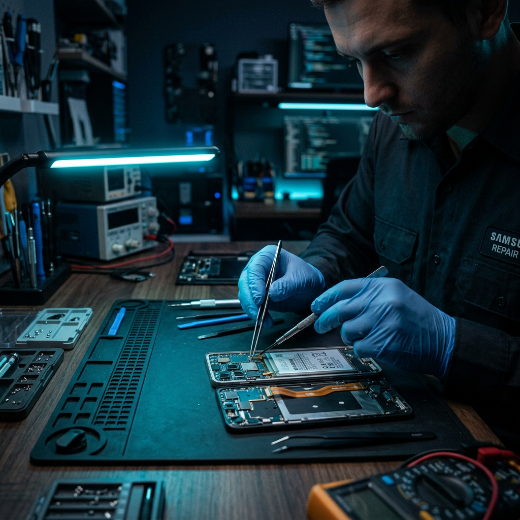 Expert technician repairing Samsung Galaxy phone at RepairRama Bronx NY shop