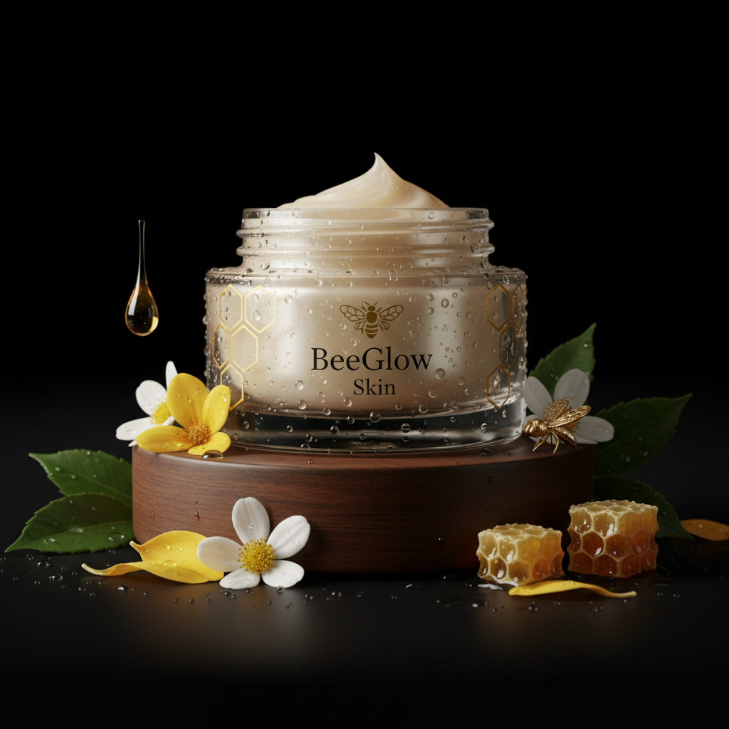 High-end skincare product photography called BeeGlow Skin, c