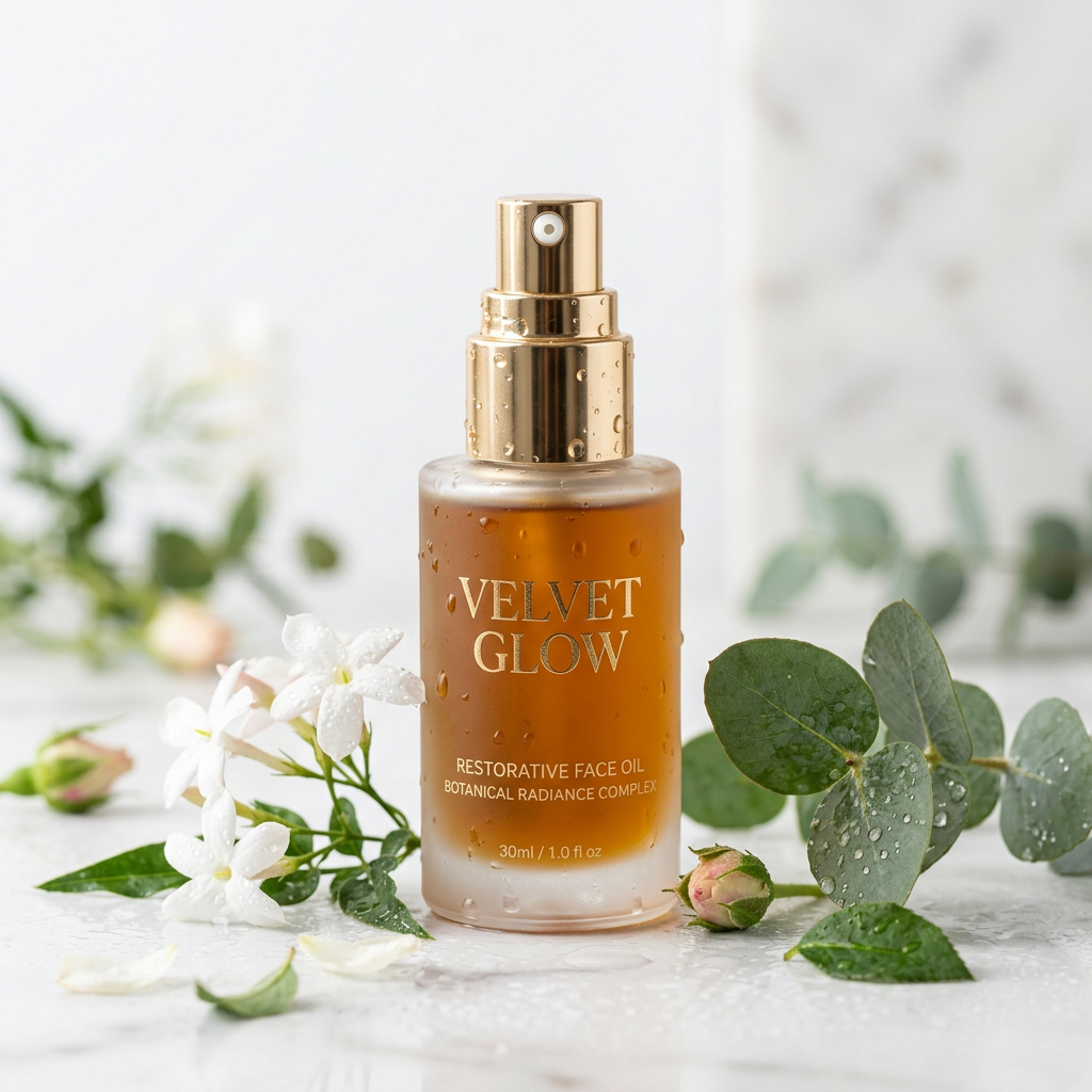 High-end skincare product photography called Velvet Glow, cl