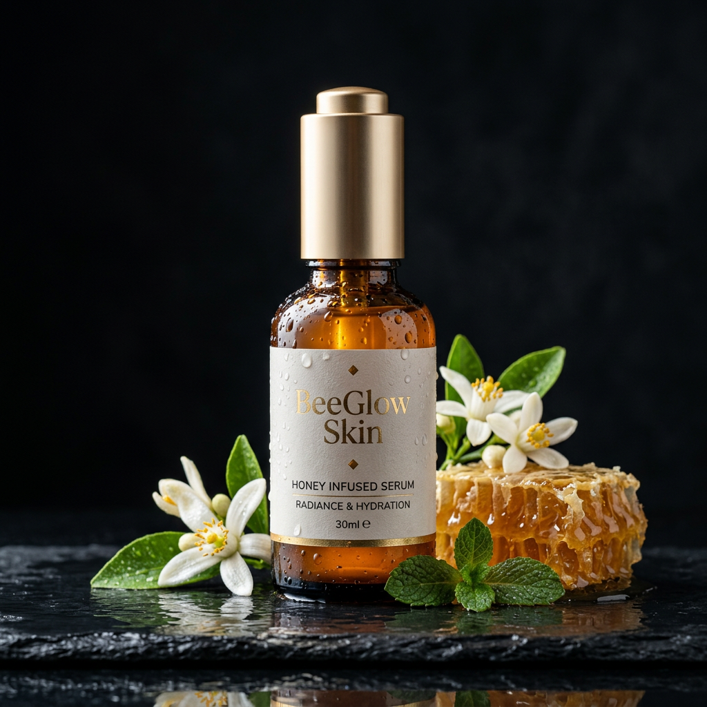 High-end skincare product photography called BeeGlow Skin, c