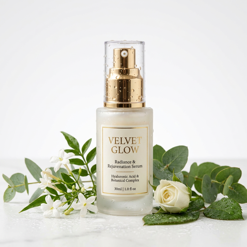 High-end skincare product photography called Velvet Glow, cl