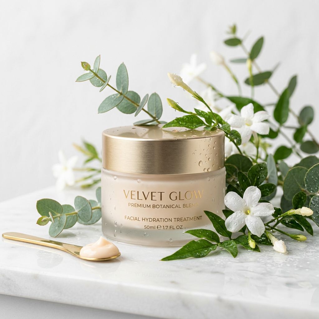 High-end skincare product photography called Velvet Glow, cl