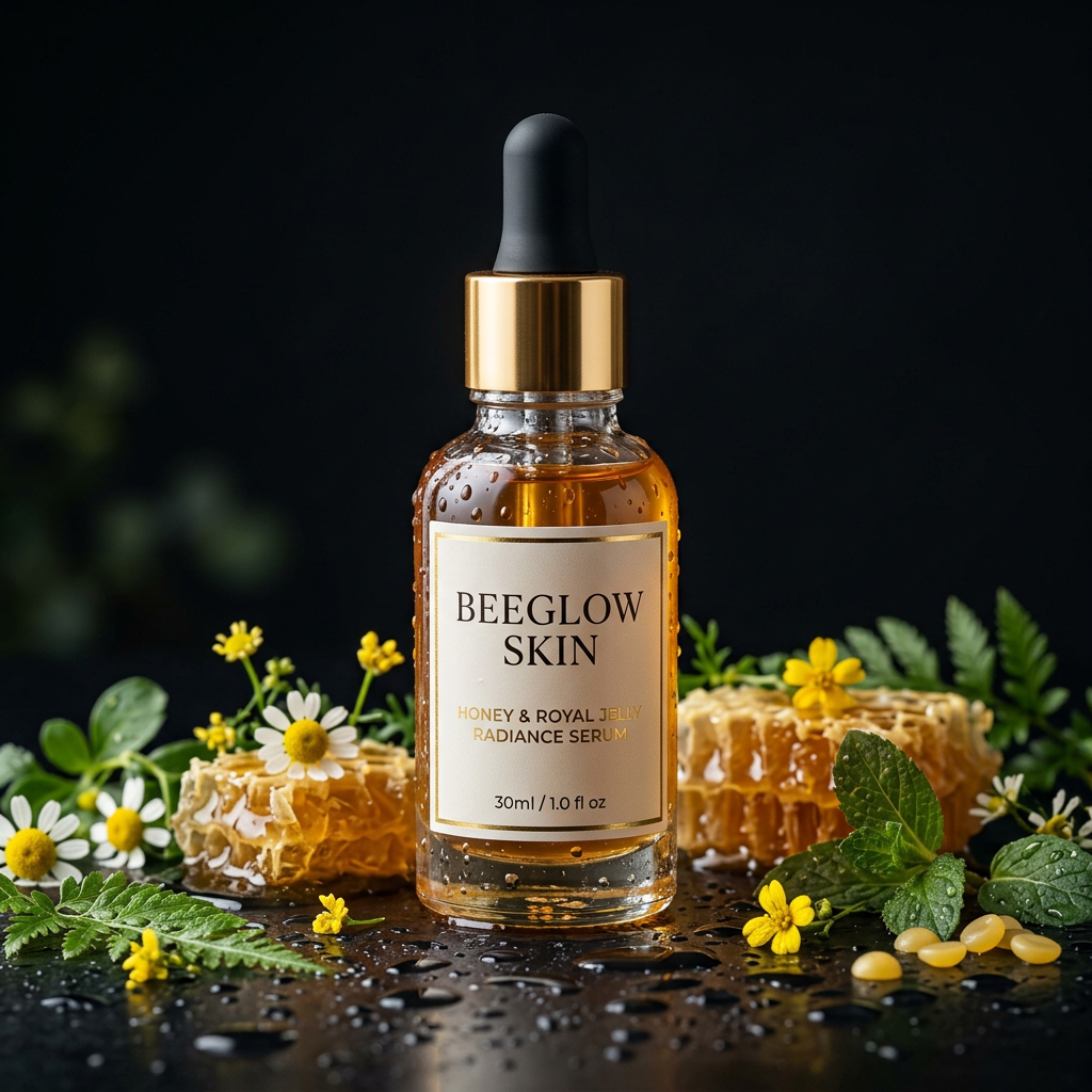 High-end skincare product photography called BeeGlow Skin, c