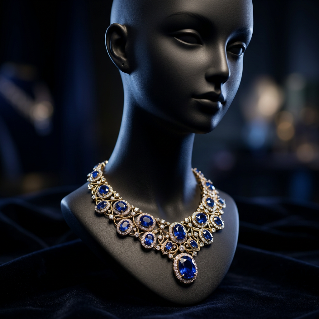 A breathtaking sapphire necklace, intricately designed with