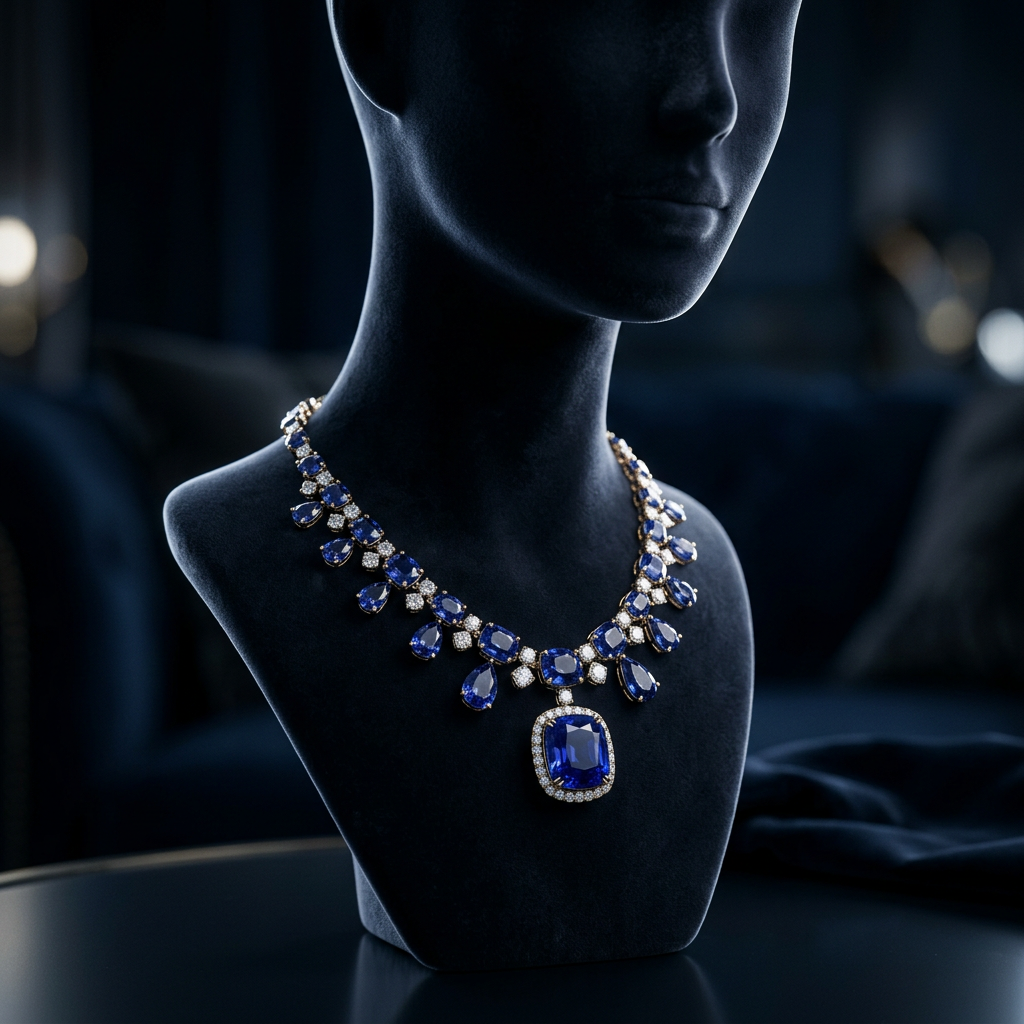 A breathtaking sapphire necklace, intricately designed with