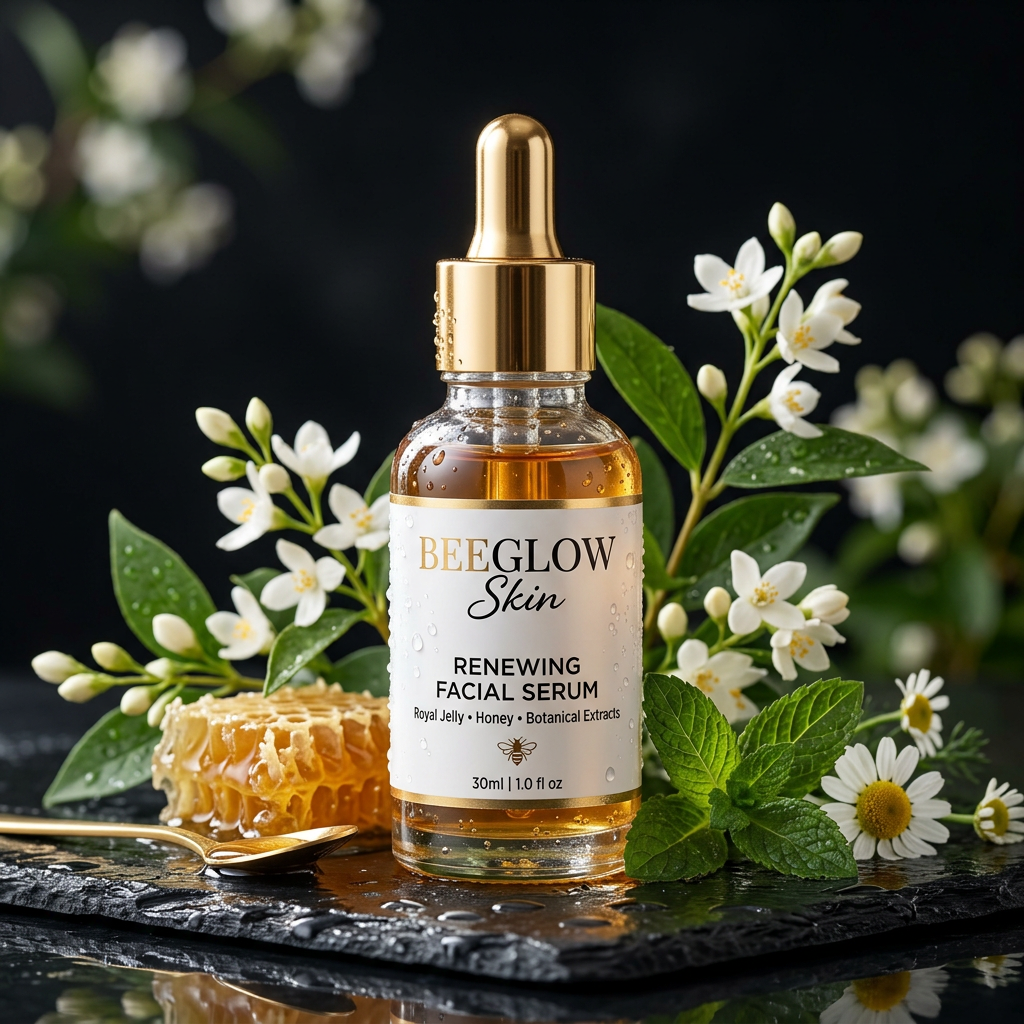 High-end skincare product photography called BeeGlow Skin, c