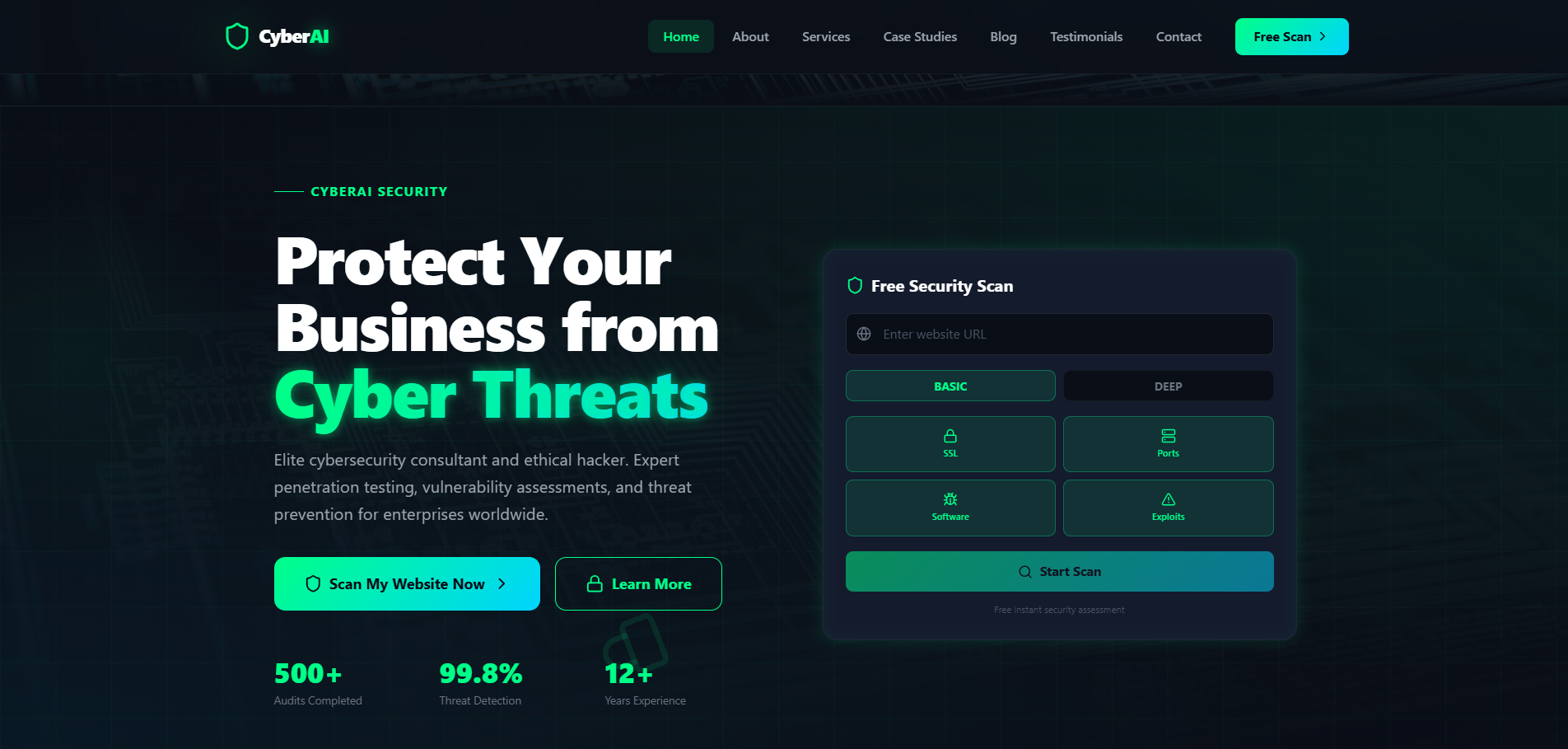 CyberAI — Cybersecurity Portfolio & AI Vulnerability Scanner template preview