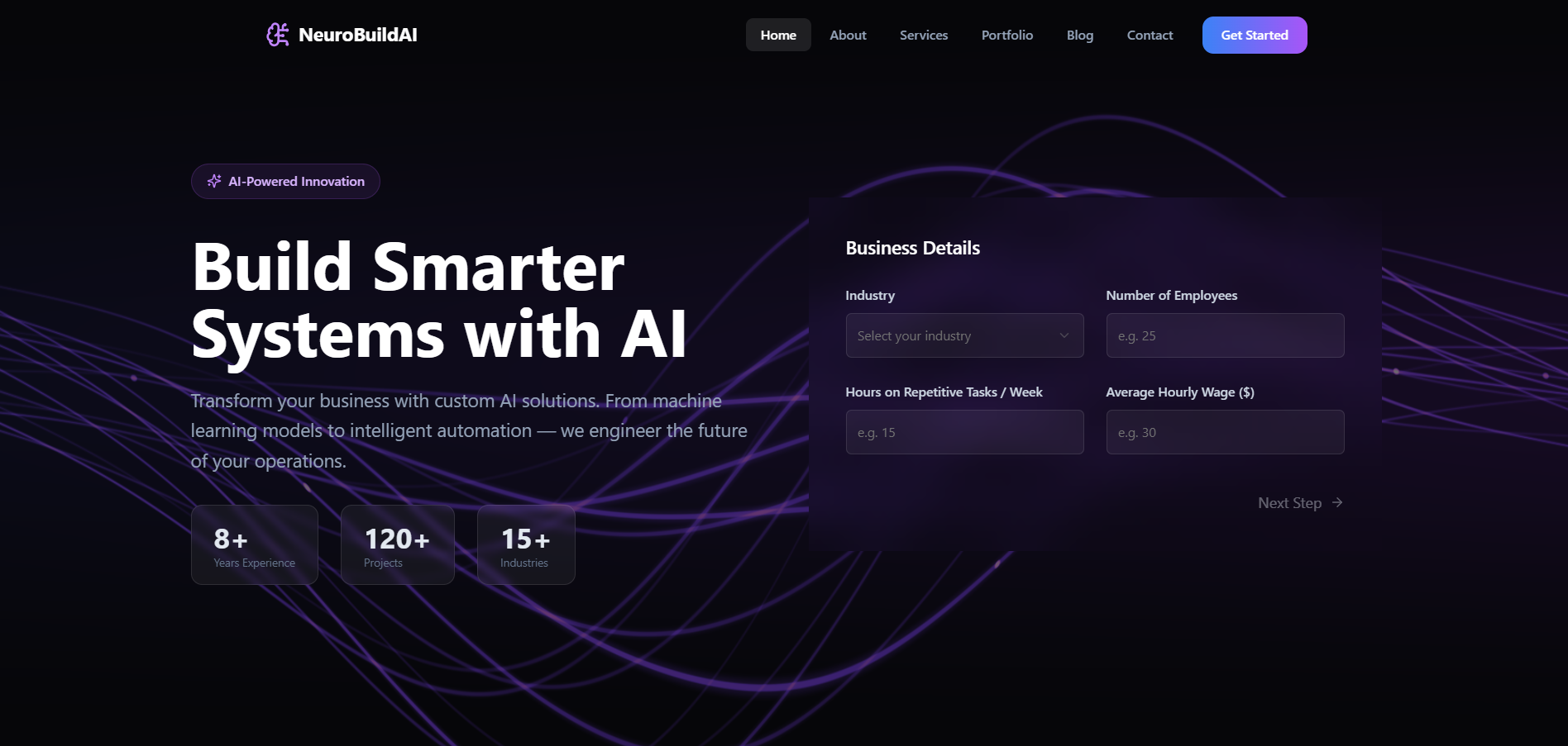 NeuroBuildAI — AI Engineer Portfolio & Automation Savings Calculator template preview