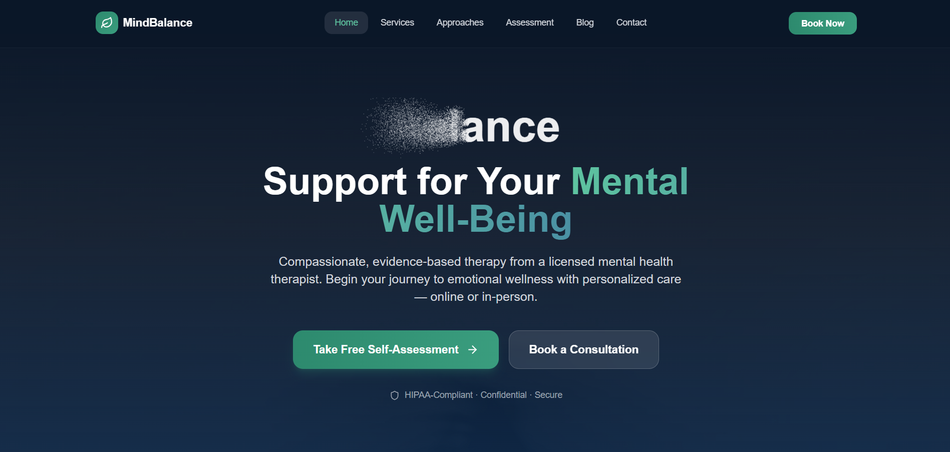 MindBalance — Online Therapist Portfolio & Mental Wellness Assessment template preview