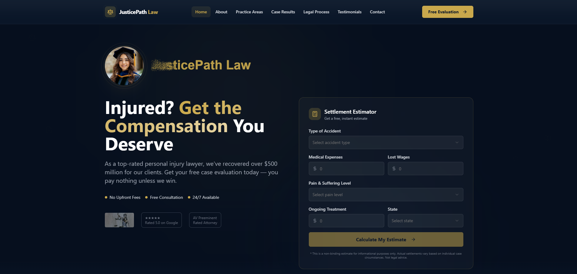 JusticePath Law — Personal Injury Lawyer Portfolio & Settlement Estimator template preview