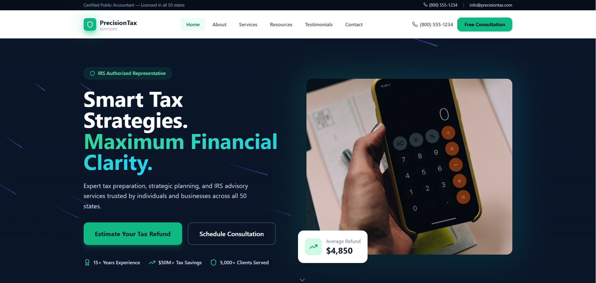 PrecisionTax  — CPA Portfolio & Tax Refund Estimator template preview
