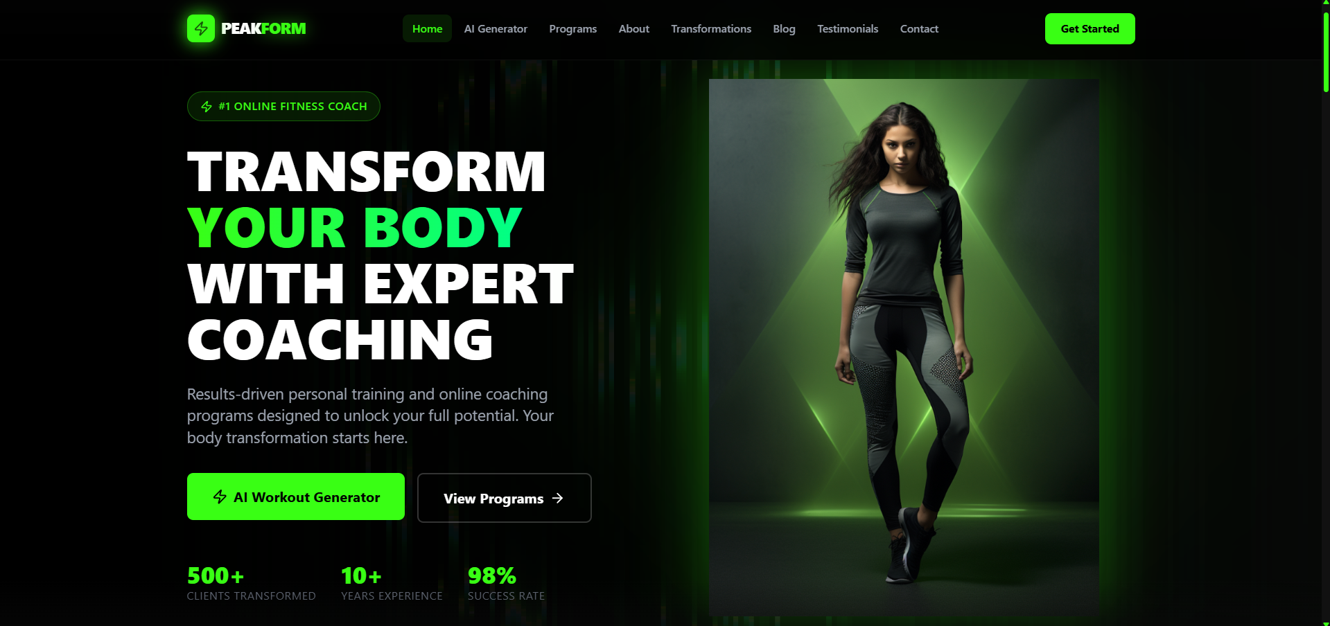 PeakForm — Personal Trainer Portfolio & AI Workout Generator template preview