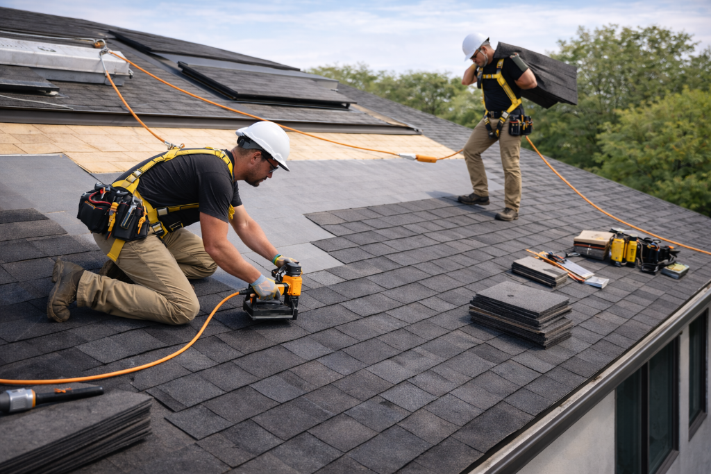 Roof replacement workers