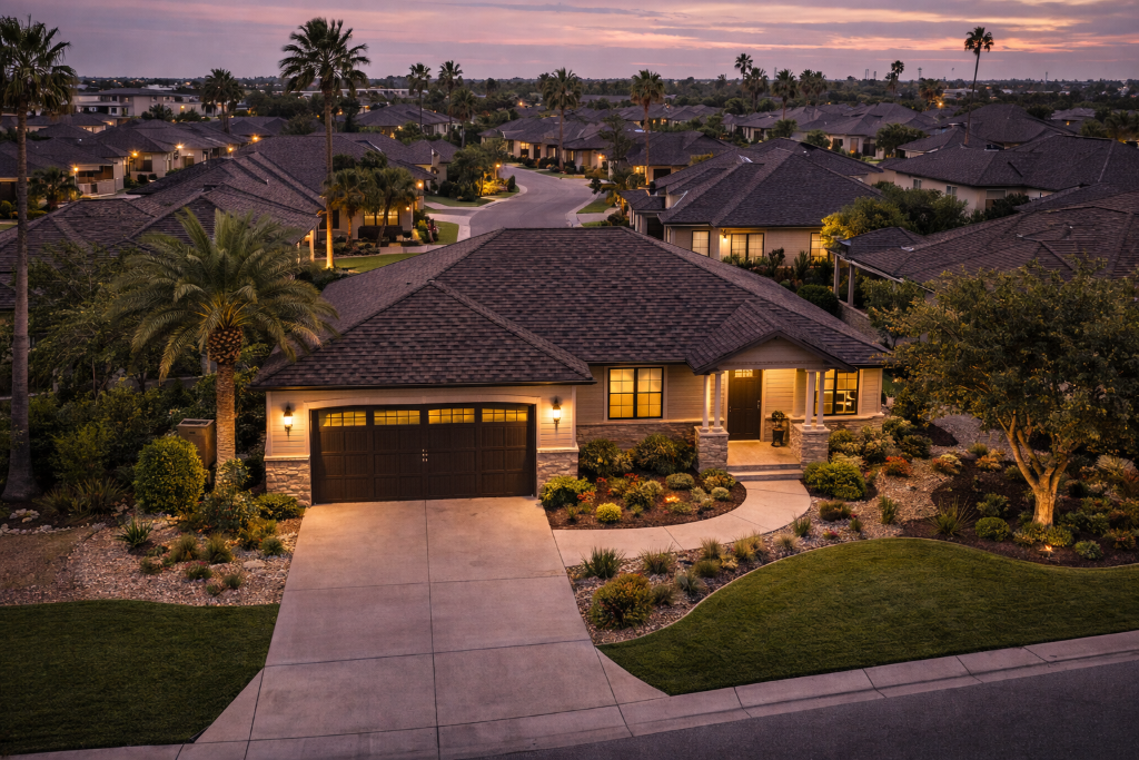 Beautiful suburban home with dark shingle roof at dusk