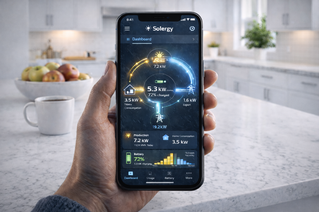 Solergy app showing solar energy dashboard