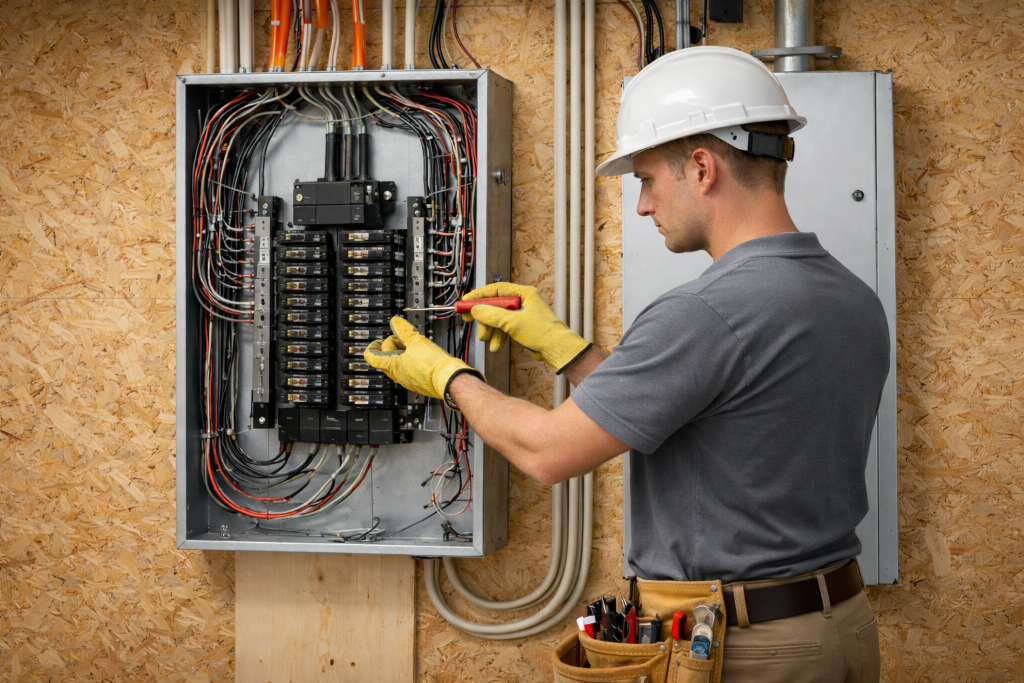 Licensed electrician working on main service panel