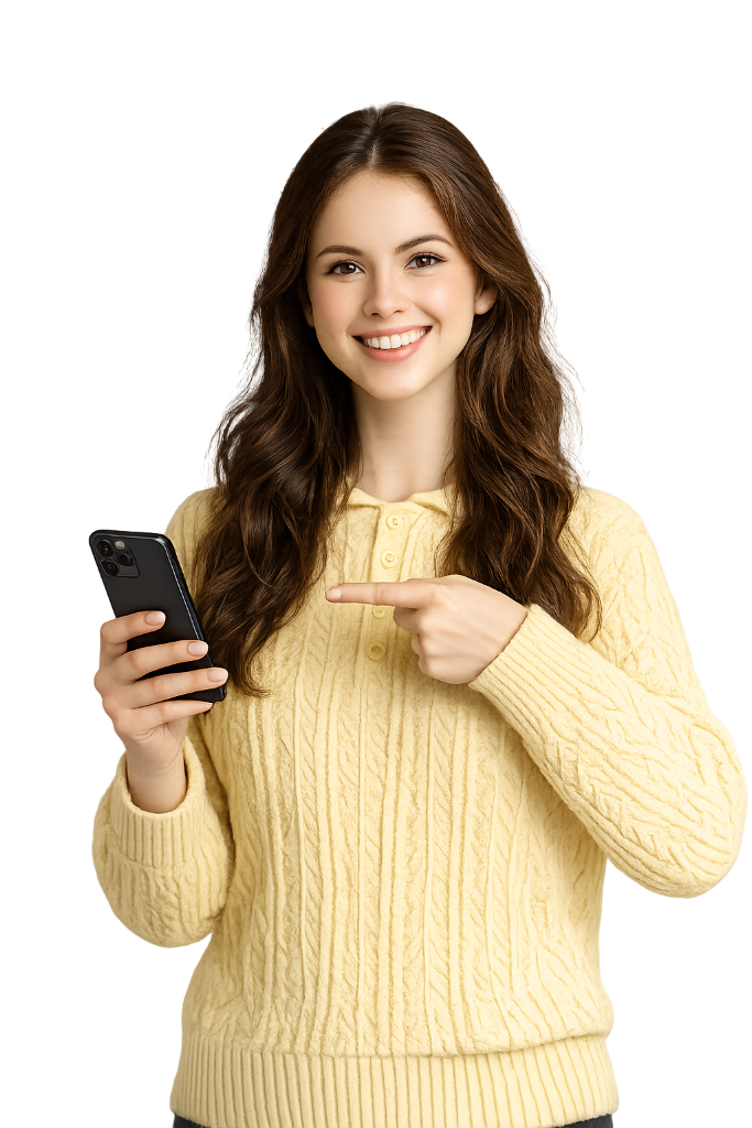 Mulher feliz mostrando celular